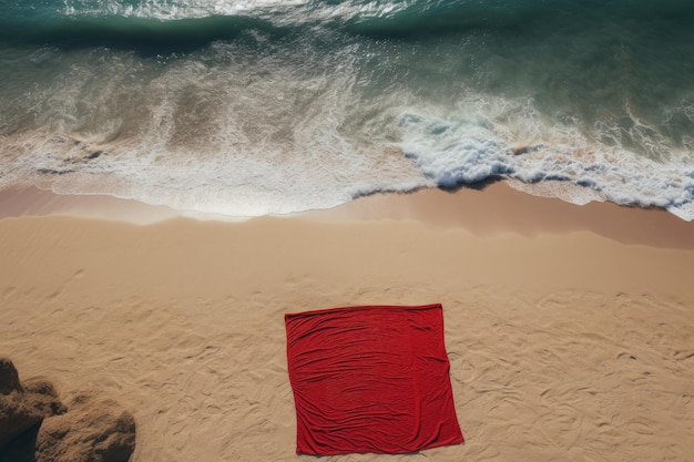 An overhead perspective of a crimson towel placed on the sandy shore amidst a scenic beach Ample are