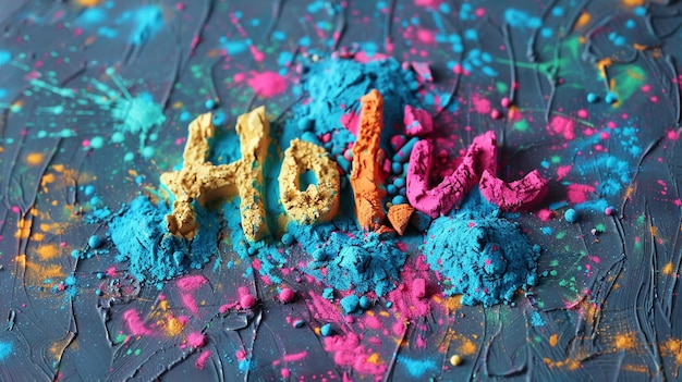 Photo overhead perspective of vibrant holi colors scattered on a textured surface with holi written in joyful font offering ample space for additional text