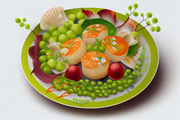 Overhead of scallops with peas and sprouts Generative Ai