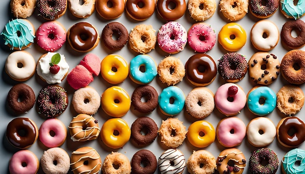 Overhead shot of an assortment of donut ice cream sandwiches with various flavors