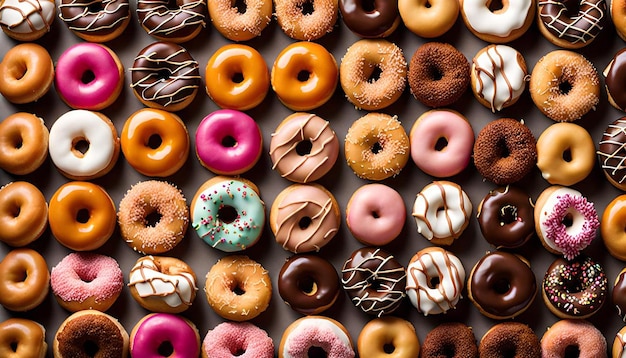 Overhead shot of an assortment of mini donuts on a dessert table