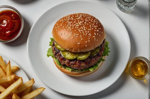 Overhead shot of a burger on a white