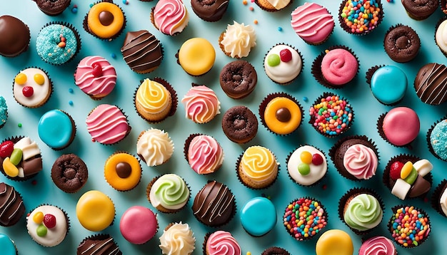 Photo overhead shot of a candycovered cupcake tower with assorted flavors