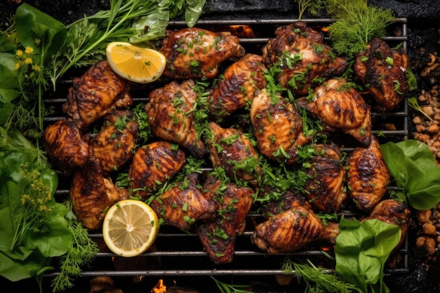 Overhead shot of chicken wings on grill with herbs created with generative ai