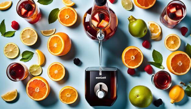 Photo overhead shot of a cold drink dispenser with flavored water and fruit infusions