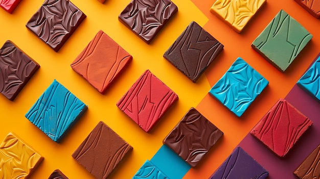 An overhead shot of colorful textured chocolate squares arranged on a table The background is a bright orange color