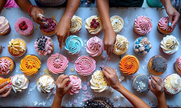 Photo overhead shot of a cupcake workshop with participants