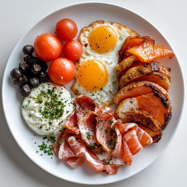 An overhead shot of a delicious French breakfast artfully arranged