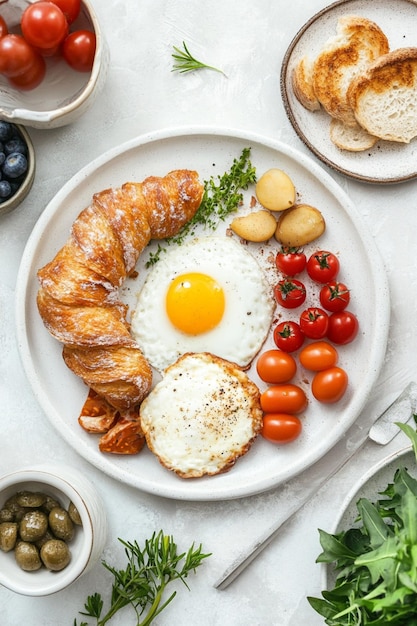 An overhead shot of a delicious French breakfast artfully arranged