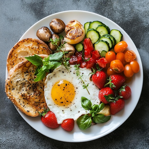 An overhead shot of a delicious French breakfast artfully arranged