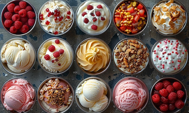 Overhead Shot of a DIY Ice Cream Sundae Bar with Assorted Toppings