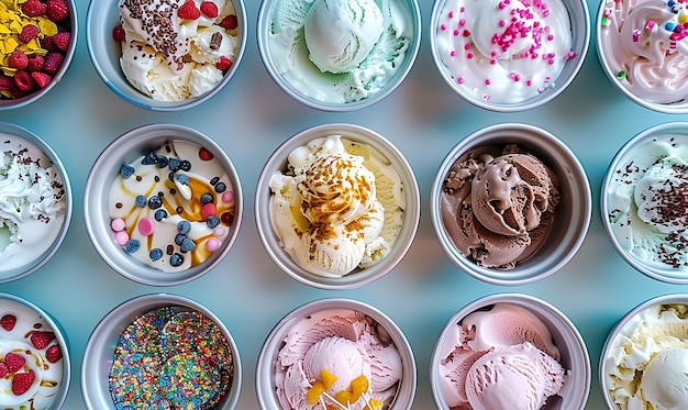 Photo overhead shot of a diy ice cream sundae bar