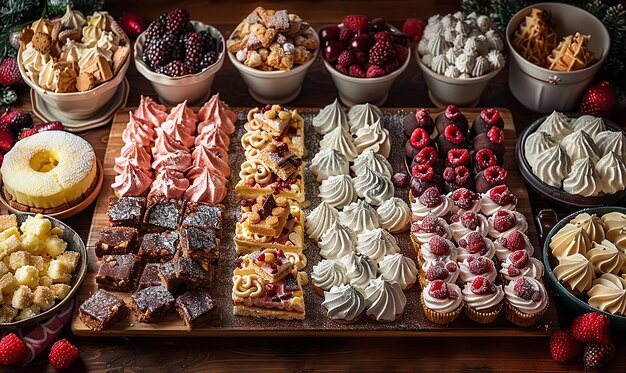 Photo overhead shot of a festive dessert table filled with sweets