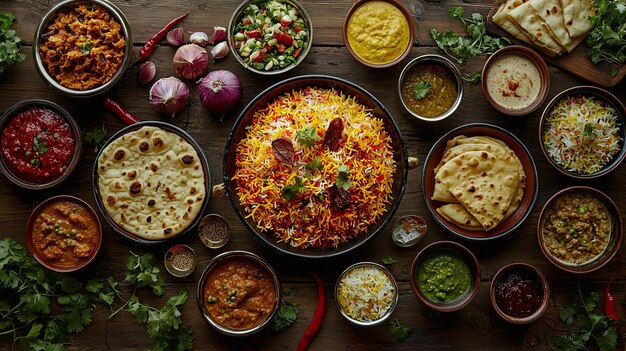 Photo overhead shot of a grand biryani feast