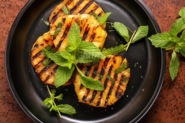 Overhead shot of grilled pineapple with a mint garnish created with generative ai