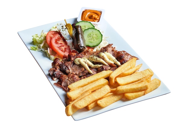 Overhead  shot of Gyros pitta on plate. Isolated on white with clipping path