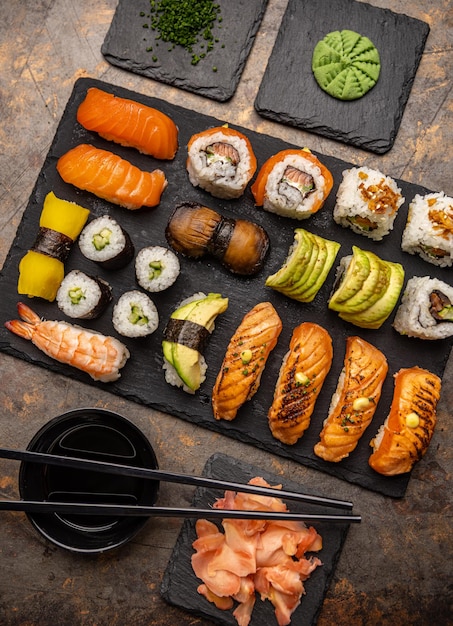 Overhead shot of Japanese sushi