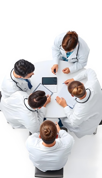 Photo overhead shot of medical team discussing admin and healthcare management isolated with white