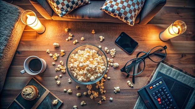 Photo overhead shot of a movie night scene with popcorn scattered on a coffee table surrounded by remotes glasses and a dimly lit room