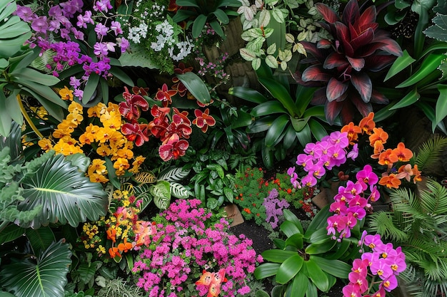 An overhead shot of an orchid garden displaying a tapestry of colors