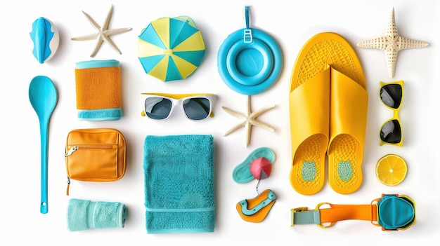 Photo overhead shot of organized beach accessories