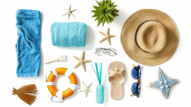 Photo overhead shot of organized beach accessories