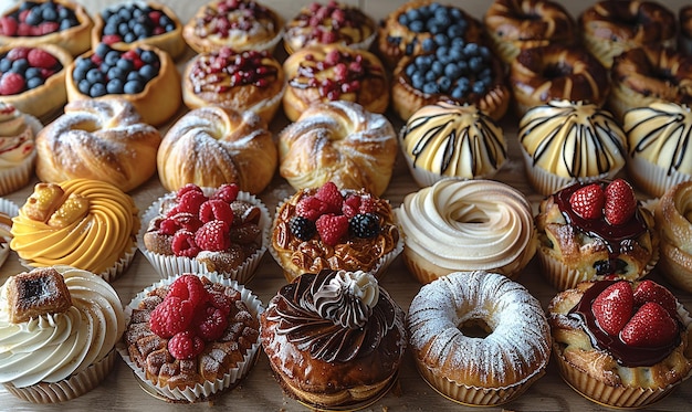 Overhead Shot of a Pastry Assortment in a Modern Bakery