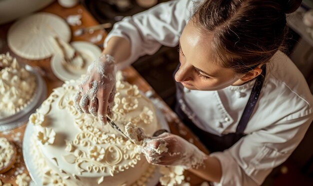 Overhead Shot of a Pastry Chef Meticulously Decorating