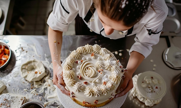 Overhead Shot of a Pastry Chef Meticulously Decorating