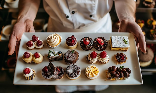 Photo overhead shot of a pastry chef presenting a selection of treats