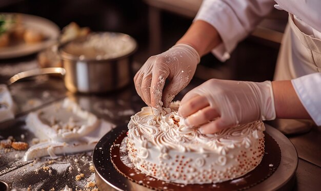 Overhead Shot of a Pastry Chefs Hands Skillfully Decorating