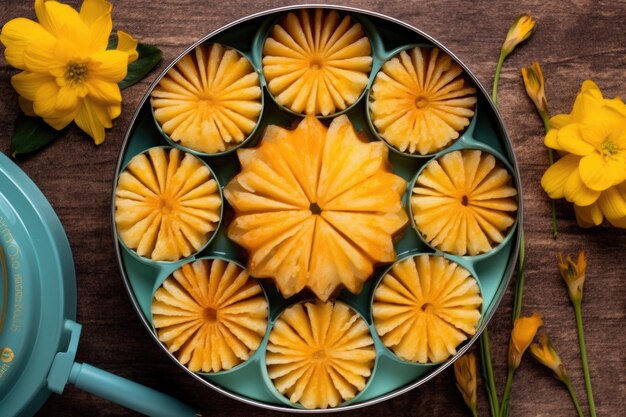 Overhead shot of pineapple slices arranged in the cake tin created with generative ai