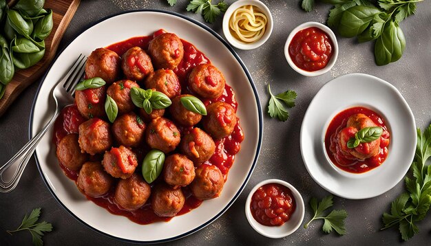 Photo overhead shot of a plate of turkey meatballs with marinara sauce