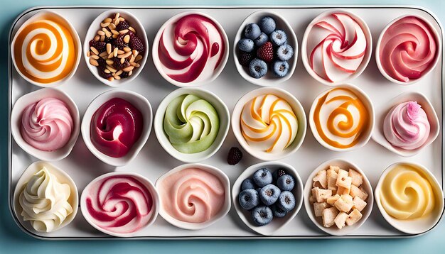 Photo overhead shot of a platter of assorted frozen yogurt swirls with toppings