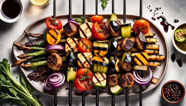 Photo overhead shot of a platter of grilled vegetable kabobs with balsamic glaze