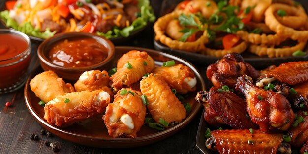 Overhead Shot of Pub Appetizers Featuring Mozzarella Sticks Wings and Onion Rings Concept Food Photography Pub Appetizers Overhead Shot Mozzarella Sticks Chicken Wings Onion Rings