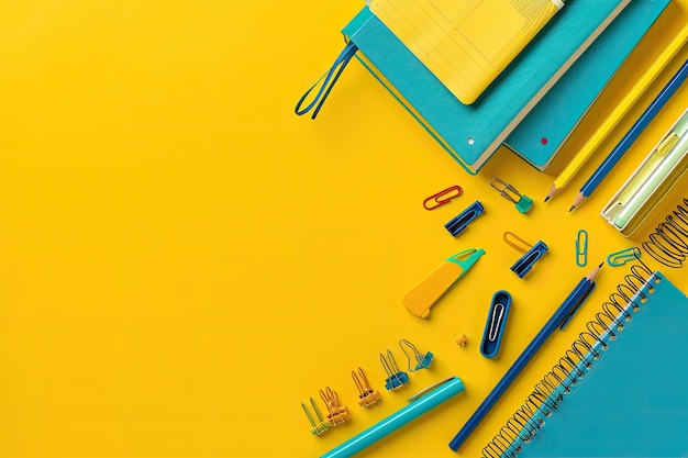 Photo overhead shot of school supplies on yellow background