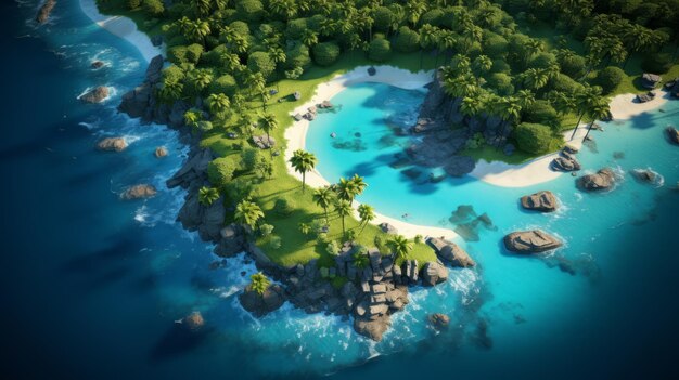 Overhead shot of a serene island archipelago adorned with coconut palms turquoise lagoons and golden beaches embraced by the gentle waves of the ocean photorealistic Generative AI