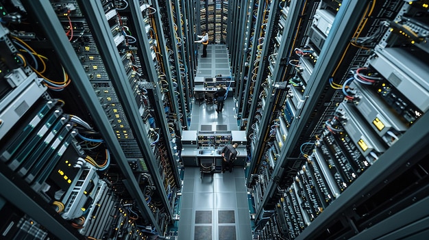 Photo an overhead shot of a stateoftheart server room with technicians working diligently amidst a maz