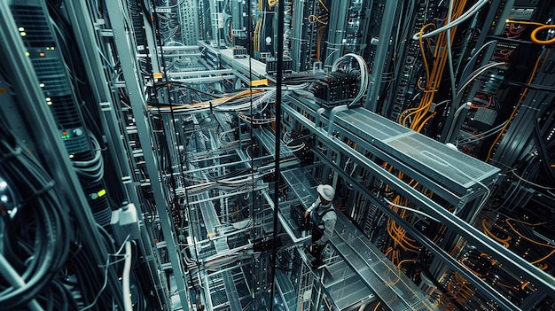 Photo an overhead shot of a stateoftheart server room with technicians working diligently amidst a maz