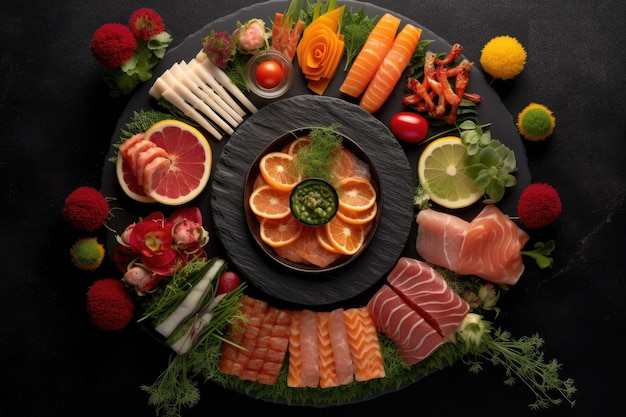 Overhead shot of sushi platter on a black slate surface created with generative ai