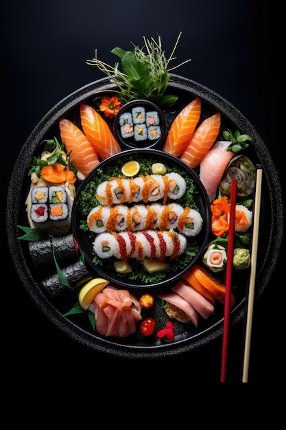 Overhead shot of a sushi set on a black plate created with generative ai