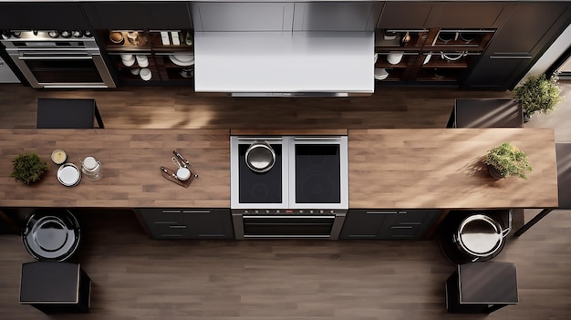 An overhead shot of a symmetrical magic corner kitchen layout showcasing a seamless blend of wood te