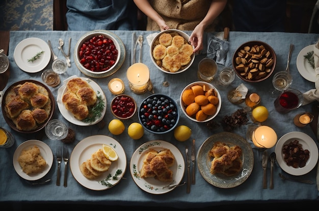 Overhead shot of a table served with traditional Hanukkah food