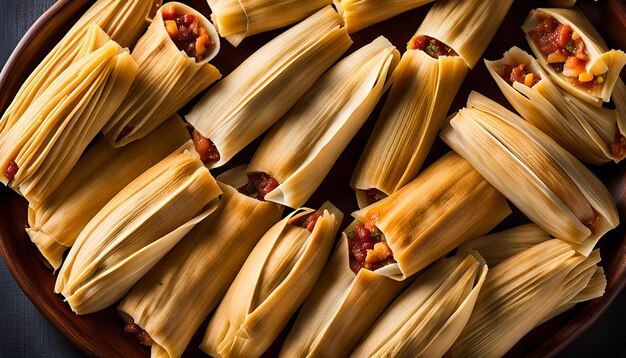 Photo overhead shot of tamales arranged in a decorative serving dish