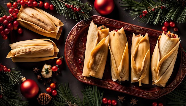 Overhead shot of tamales arranged in a festive holiday display