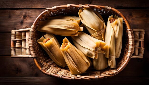 Overhead shot of tamales arranged in a rustic woven basket