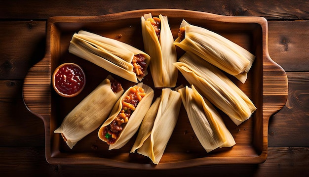 Overhead shot of tamales arranged on a wooden serving platter