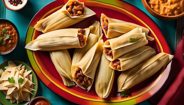 Overhead shot of tamales served on a colorful platter