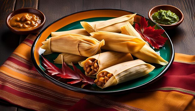 Overhead shot of tamales served on a colorful platter